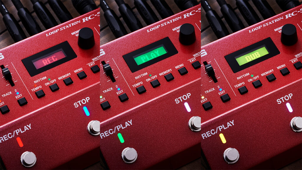 La pantalla LC multicolor del BOSS RC-500 LOOP STATION cambia de color para mostrar el estado del bucle: Rojo significa que está grabando, verde que está reproduciendo y ámbar que está en espera.